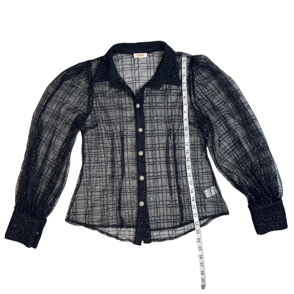 Black Plaid Sheer Sparkle Button Up Blouse Top Medium Whimsigoth Edgy Fairy - Picture 12 of 13
